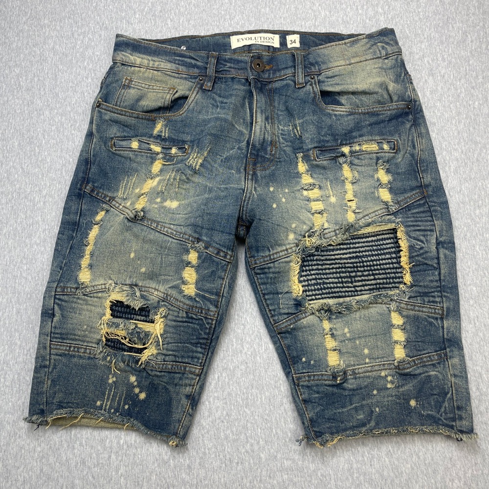Evolution In Design Denim Shorts Mens 34 Biker Distressed Blue Raw Hem EUC